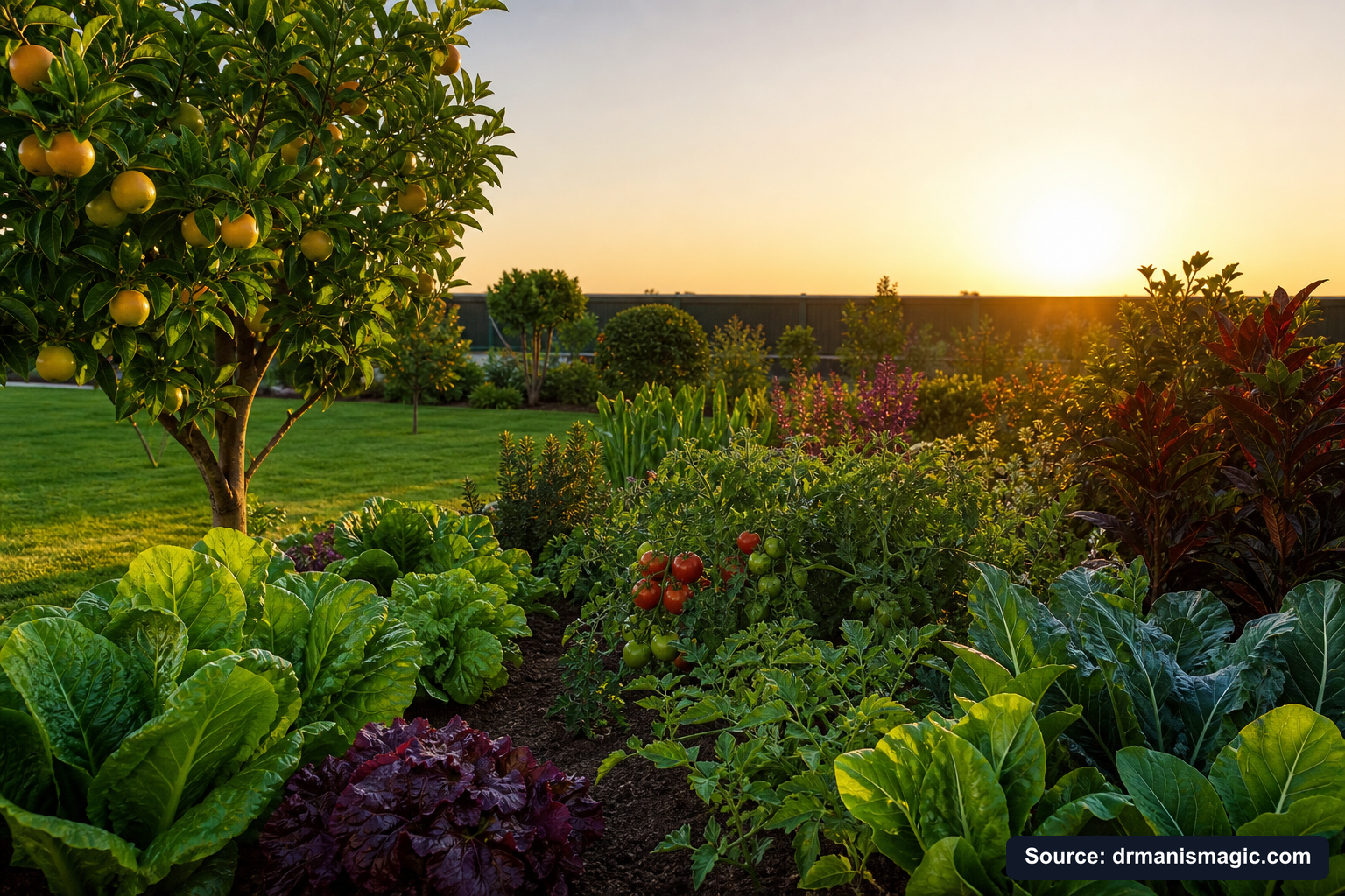 Healthy, well-fed garden plants thriving in golden light
