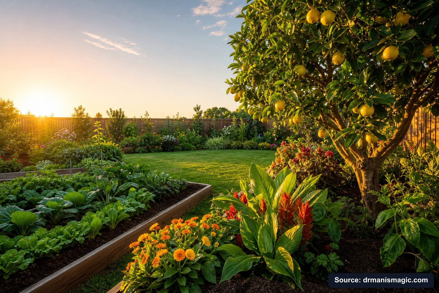 Healthy, well-fed garden plants thriving in golden light