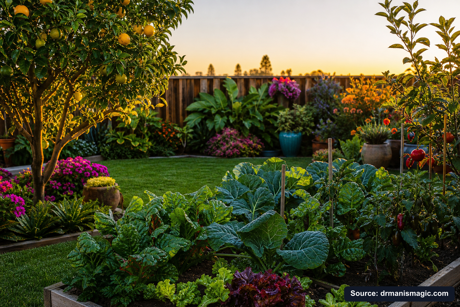 Healthy, well-fed garden plants thriving in golden light