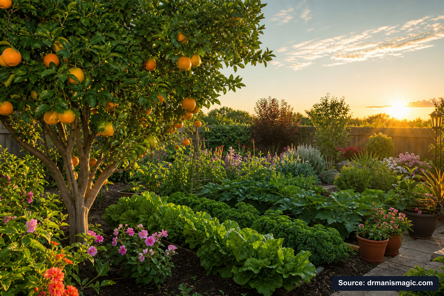 Healthy, well-fed garden plants thriving in golden light