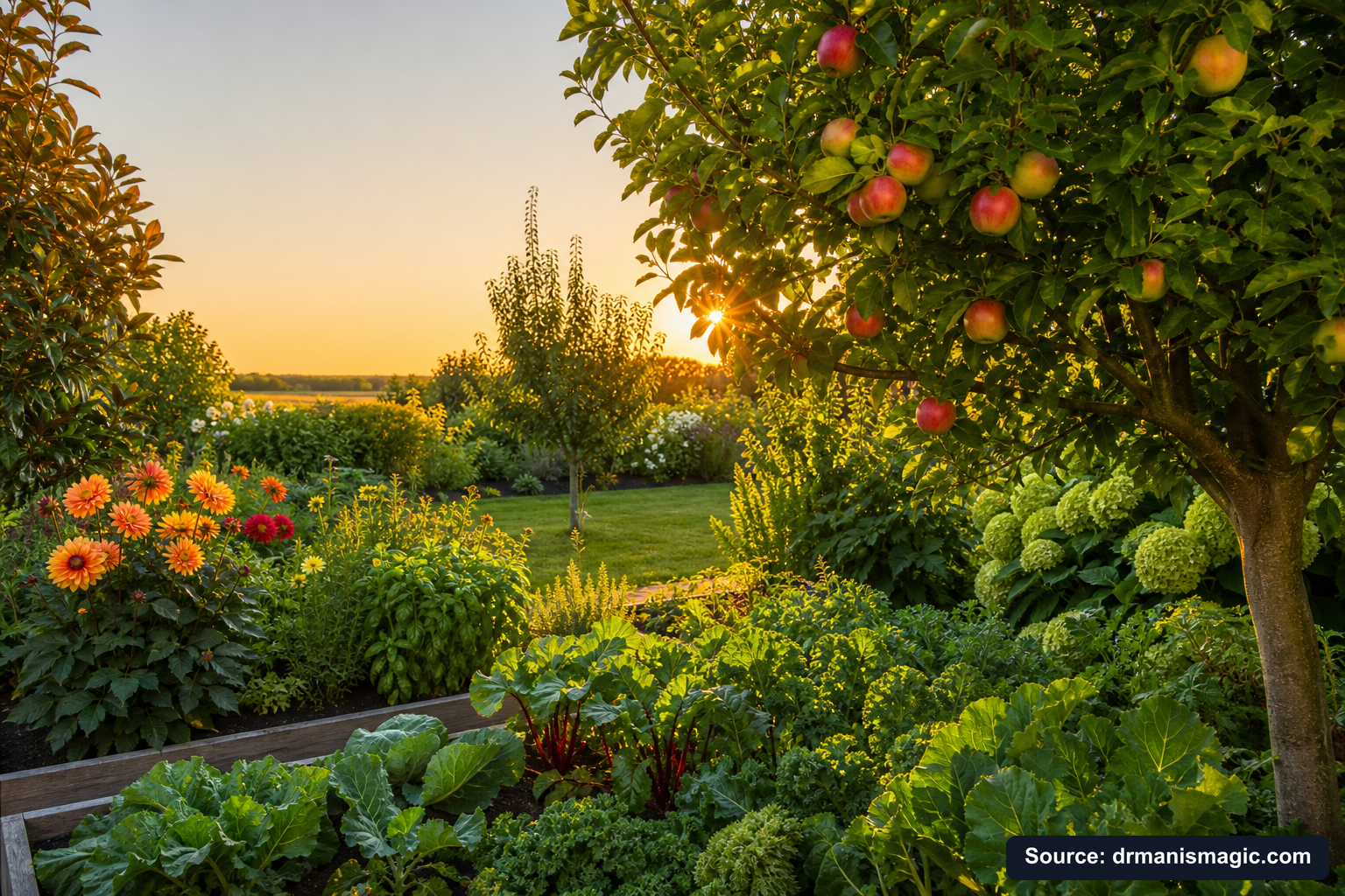 Healthy, well-fed garden plants thriving in golden light