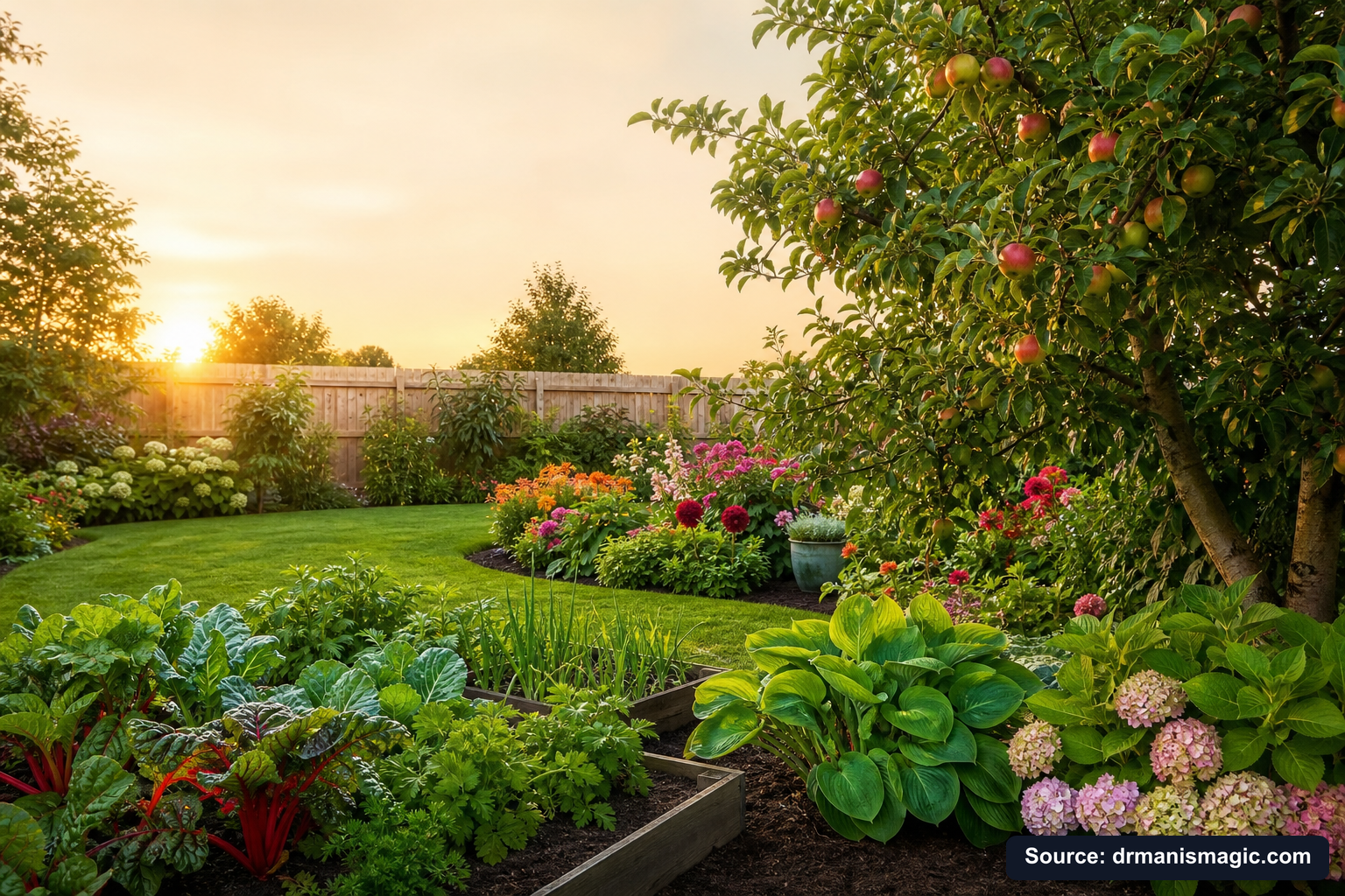 Healthy, well-fed garden plants thriving in golden light