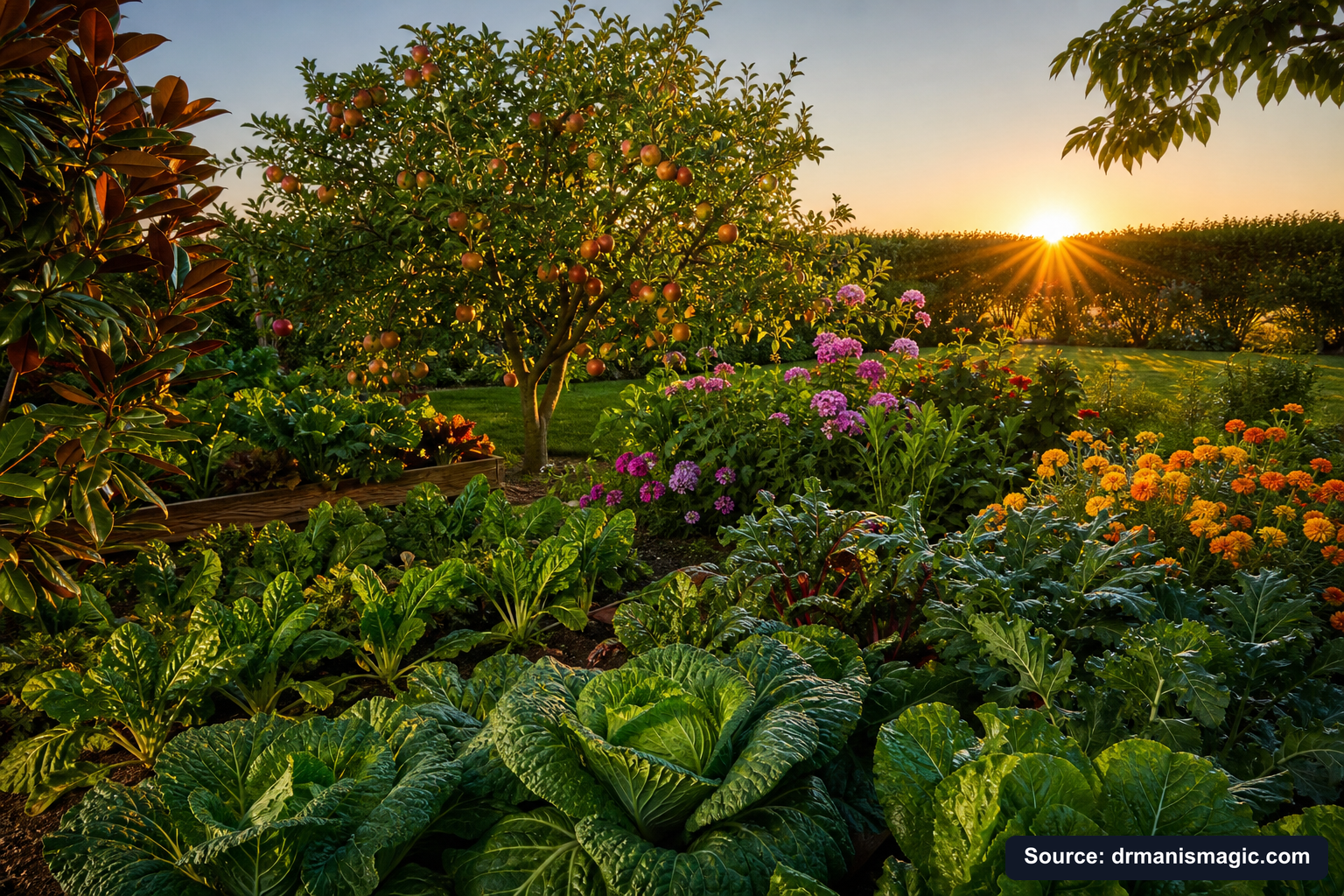 Healthy, well-fed garden plants thriving in golden light