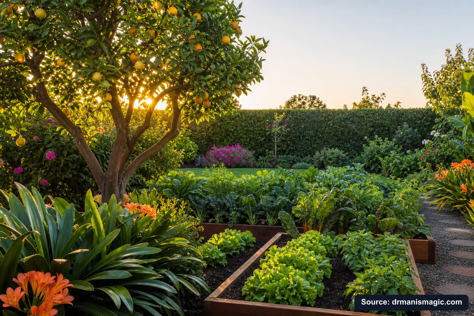 Healthy, well-fed garden plants thriving in golden light