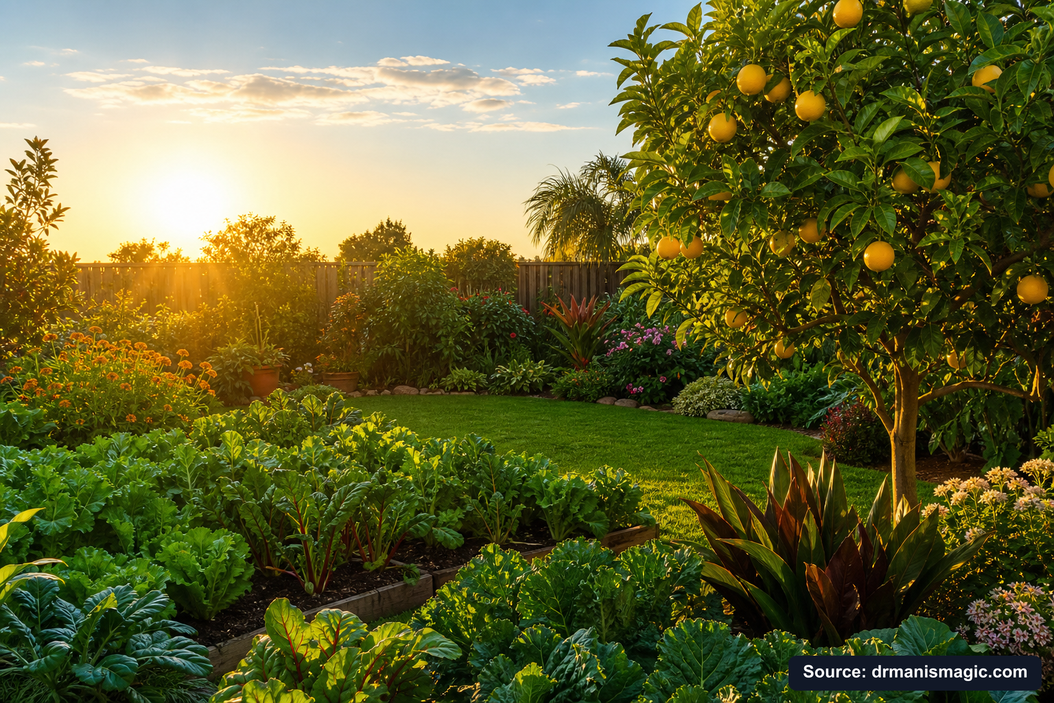 Healthy, well-fed garden plants thriving in golden light