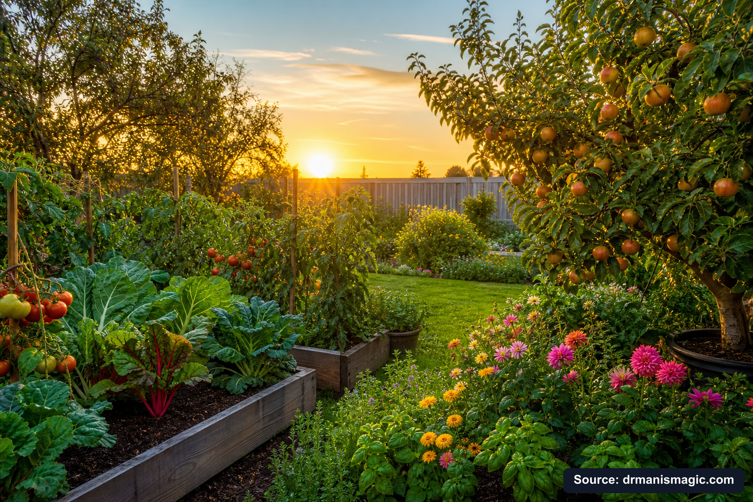 Healthy, well-fed garden plants thriving in golden light