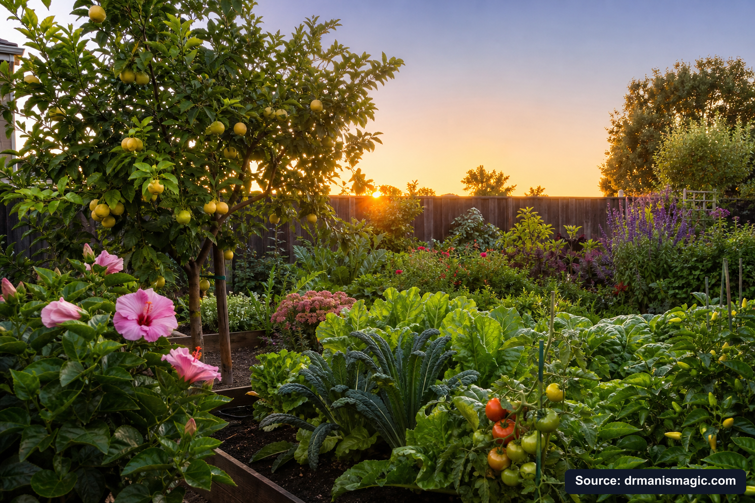 Healthy, well-fed garden plants thriving in golden light