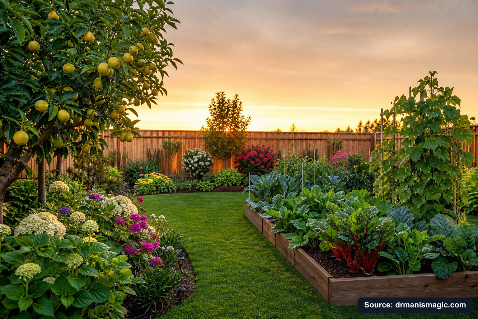 Healthy, well-fed garden plants thriving in golden light