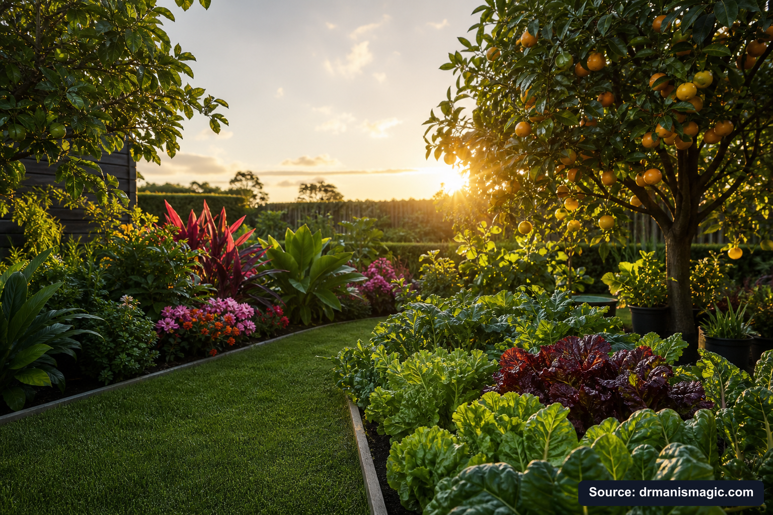 Healthy, well-fed garden plants thriving in golden light