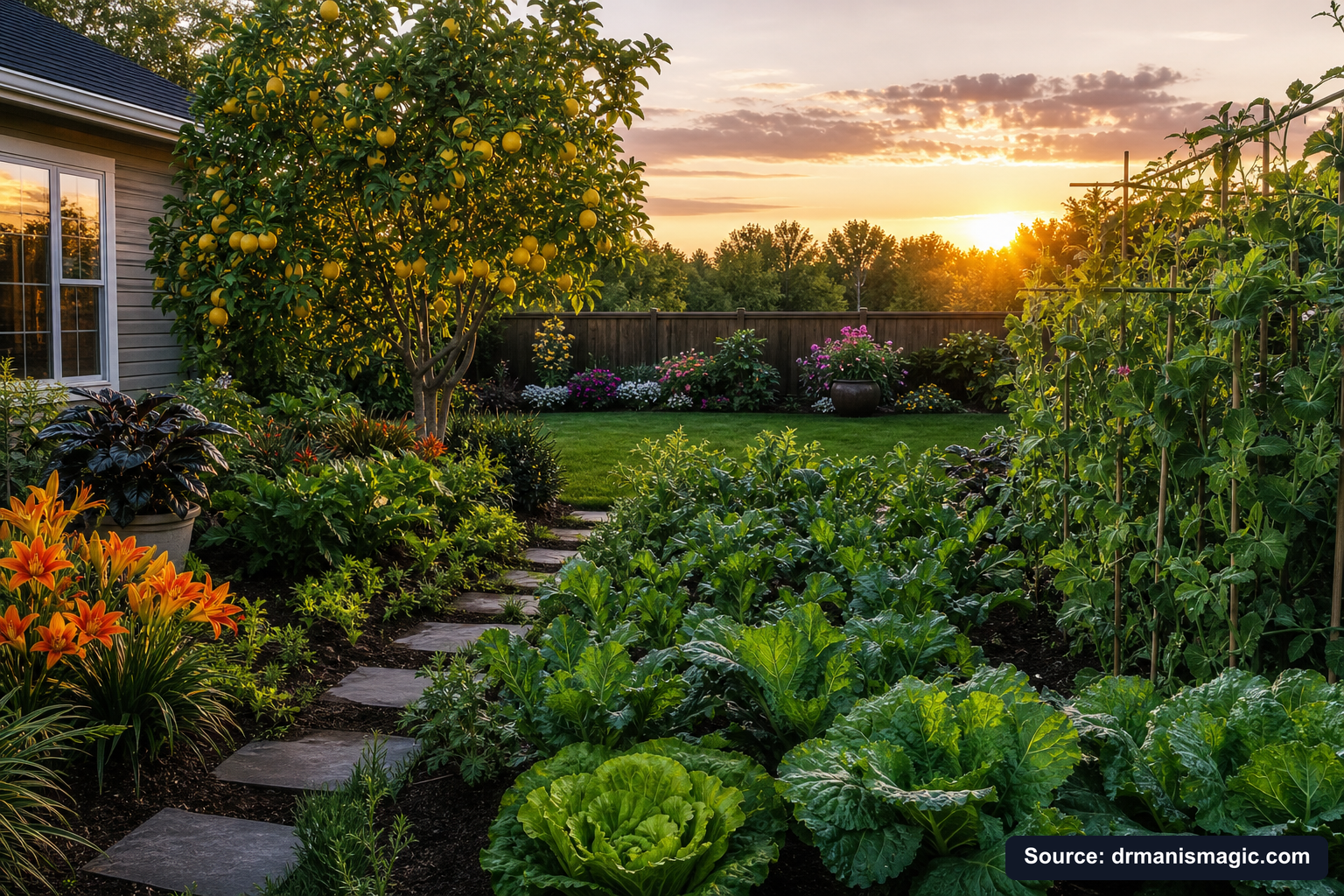 Healthy, well-fed garden plants thriving in golden light