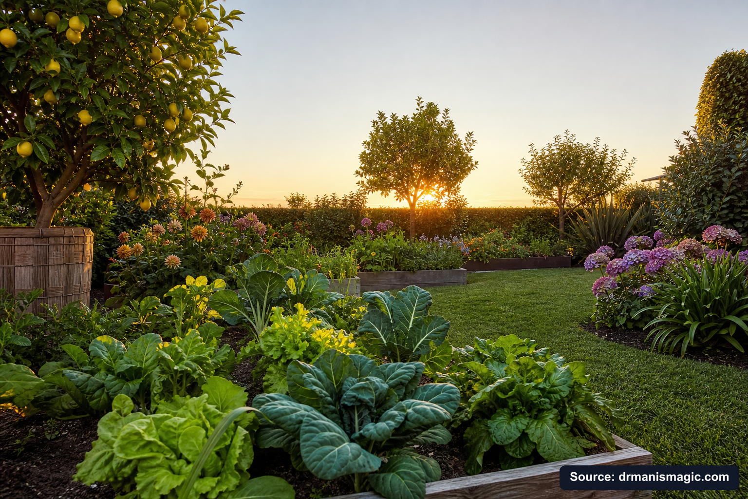 Healthy, well-fed garden plants thriving in golden light