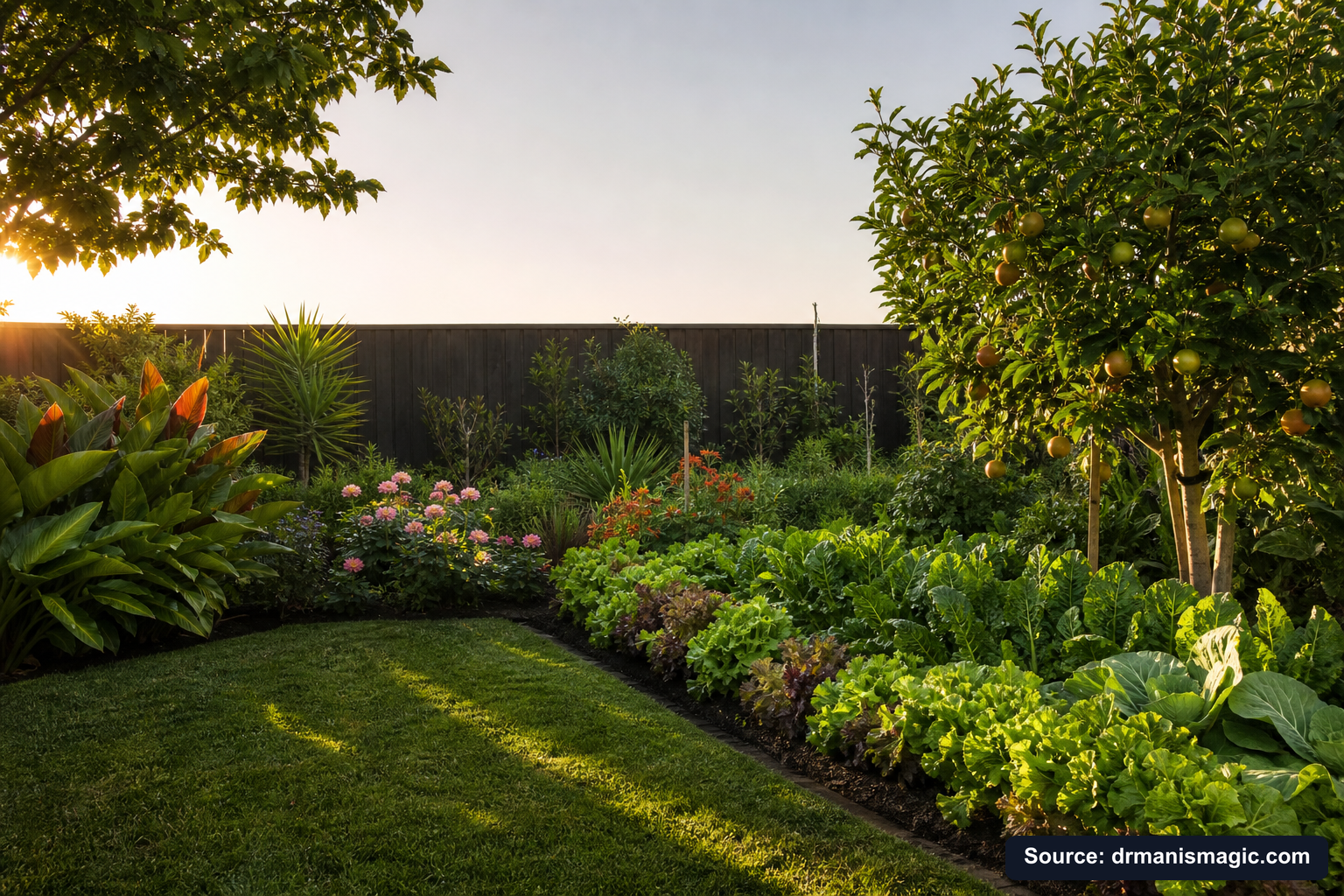 Healthy, well-fed garden plants thriving in golden light