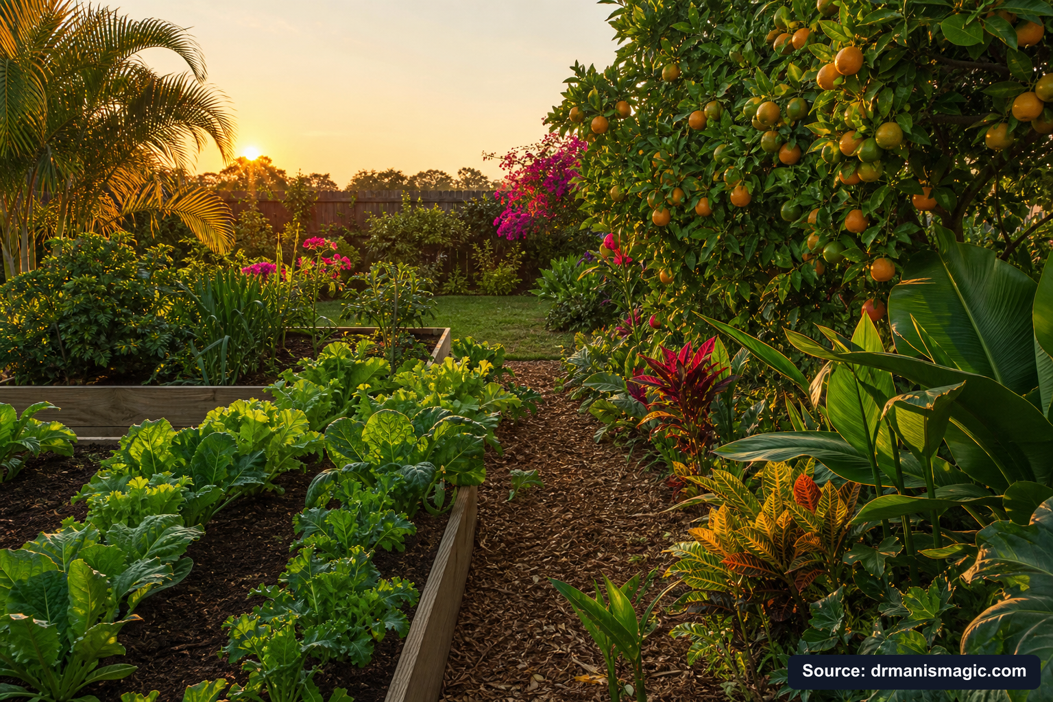 Healthy, well-fed garden plants thriving in golden light