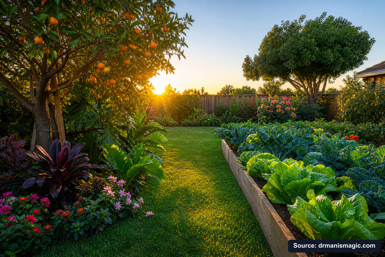 Healthy, well-fed garden plants thriving in golden light