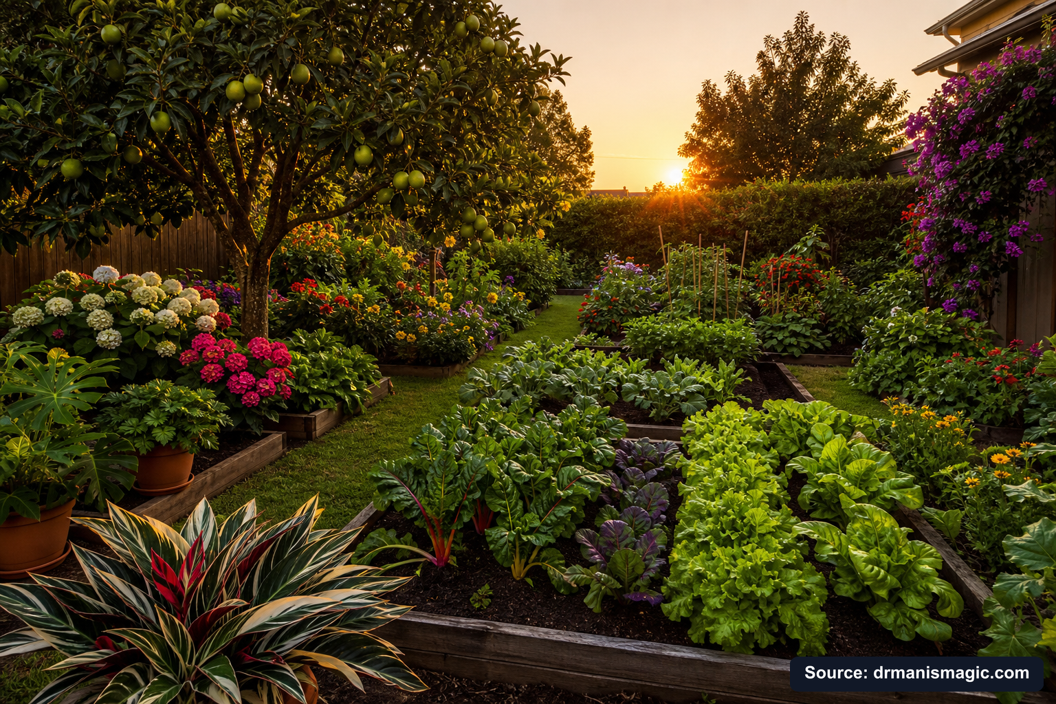 Healthy, well-fed garden plants thriving in golden light
