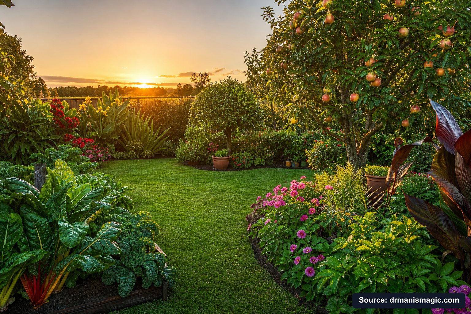 Healthy, well-fed garden plants thriving in golden light