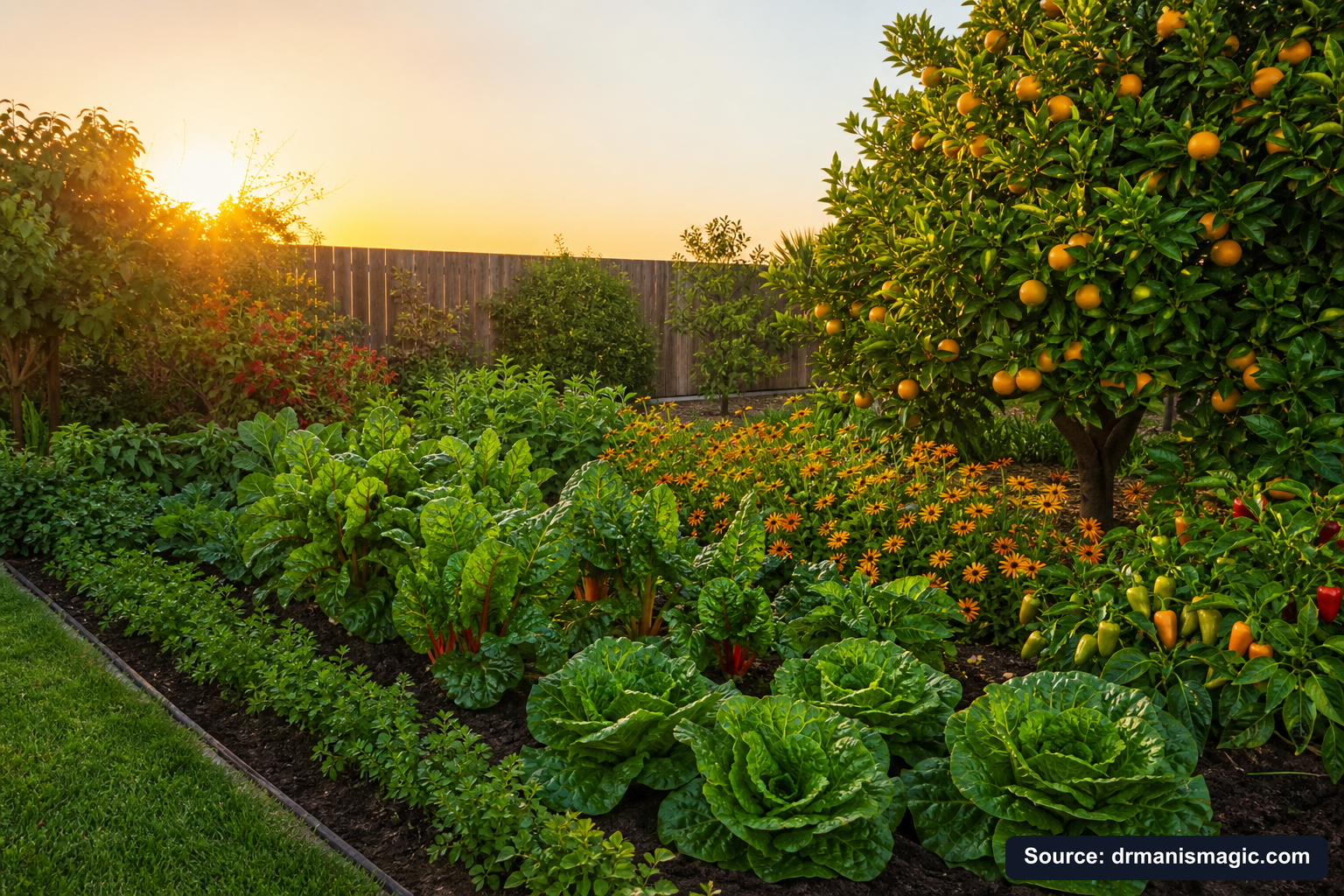 Healthy, well-fed garden plants thriving in golden light