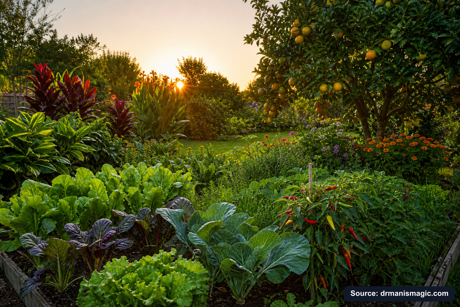 Healthy, well-fed garden plants thriving in golden light