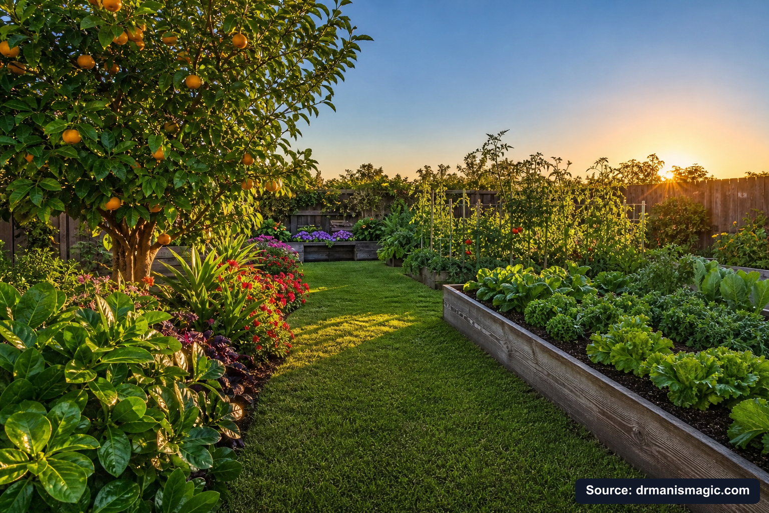 Healthy, well-fed garden plants thriving in golden light