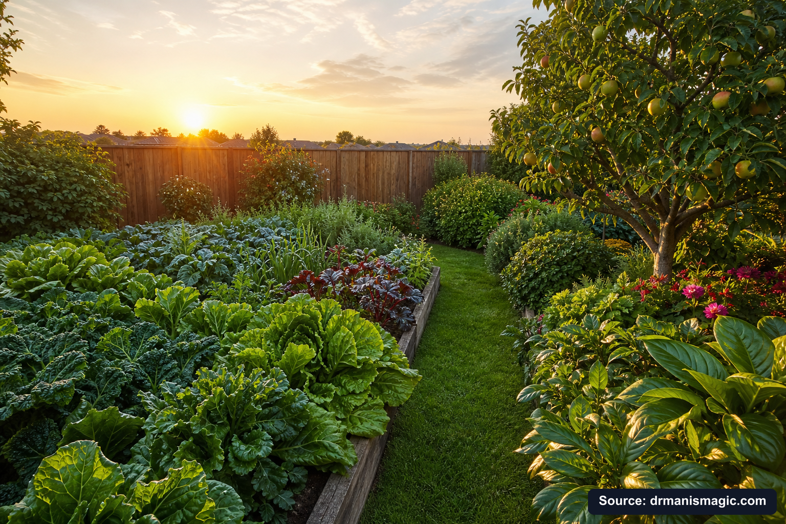 Healthy, well-fed garden plants thriving in golden light