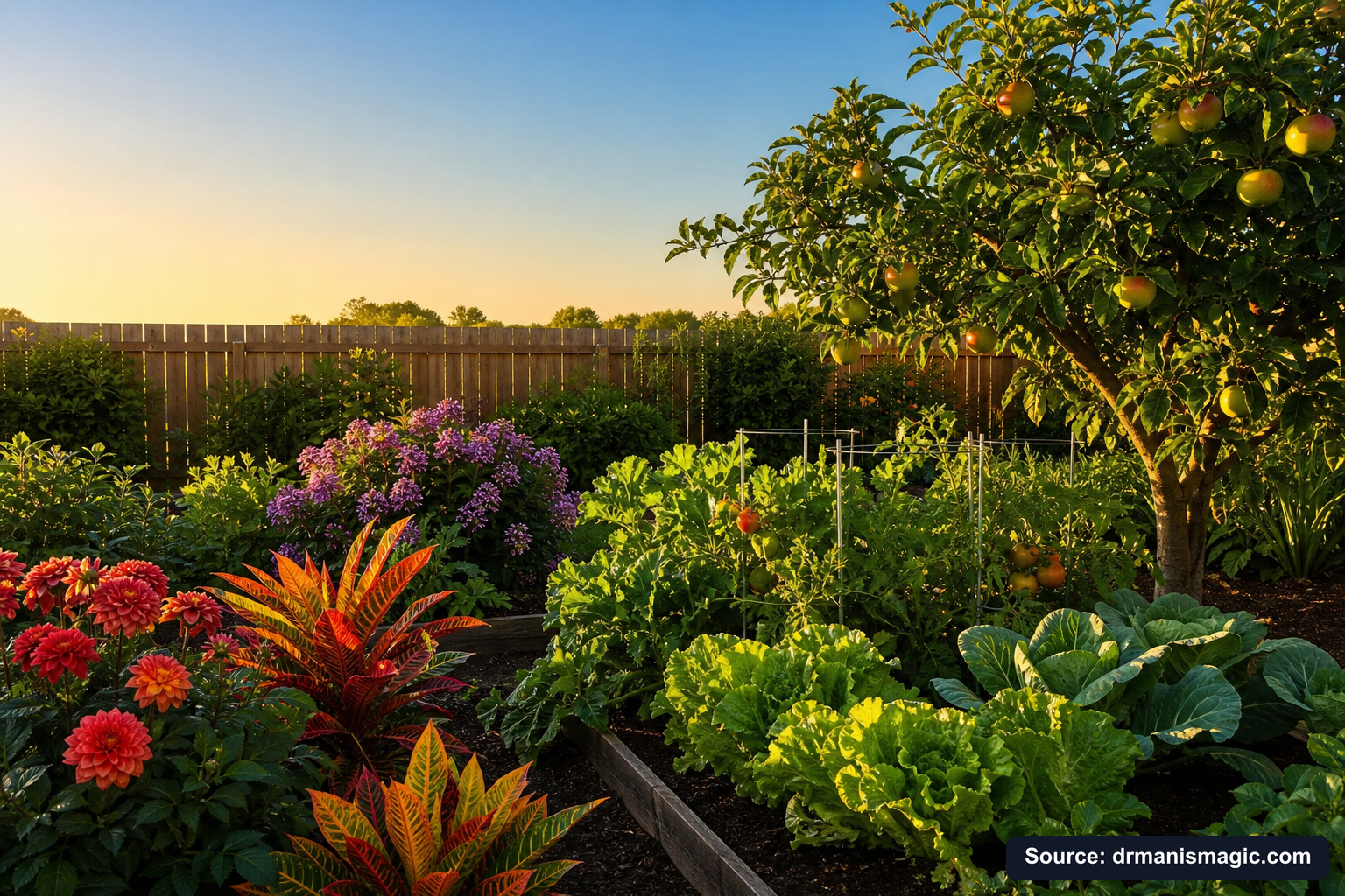 Healthy, well-fed garden plants thriving in golden light
