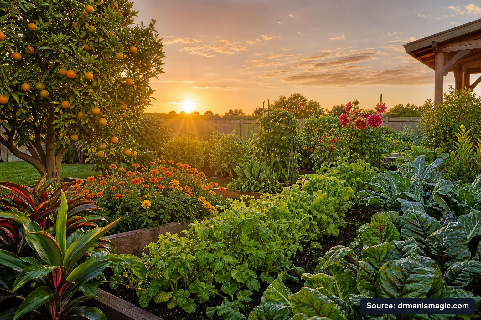 Healthy, well-fed garden plants thriving in golden light