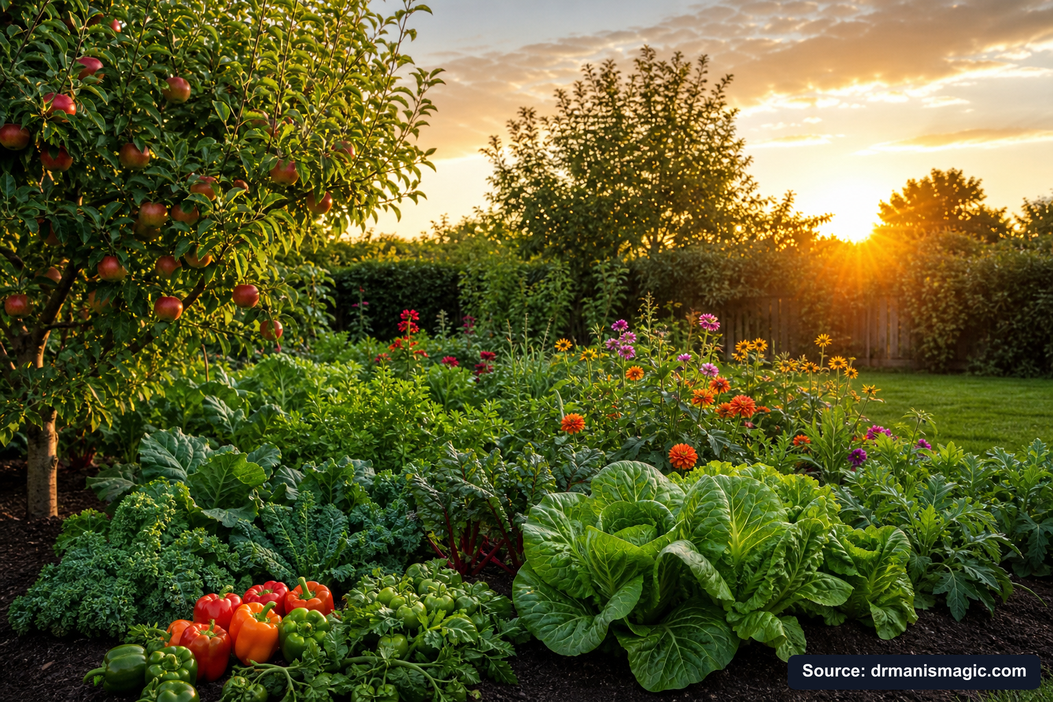 Healthy, well-fed garden plants thriving in golden light