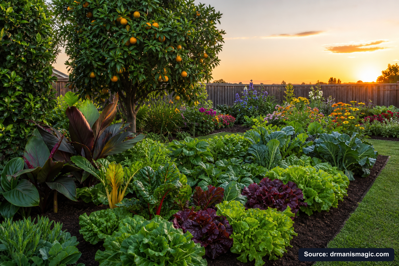 Healthy, well-fed garden plants thriving in golden light