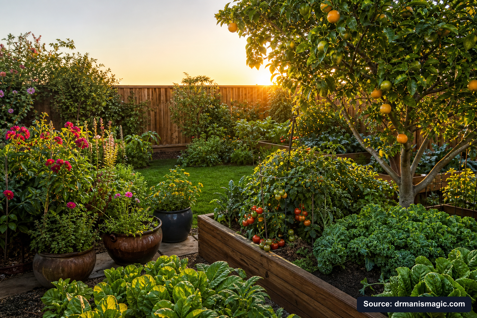 Healthy, well-fed garden plants thriving in golden light