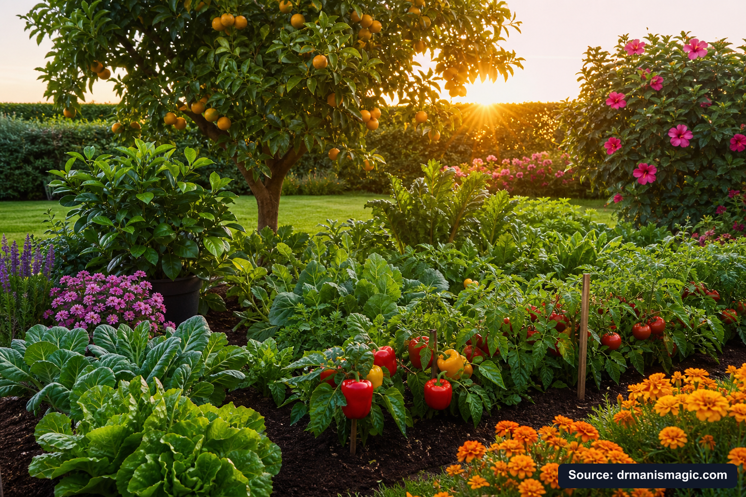 Healthy, well-fed garden plants thriving in golden light