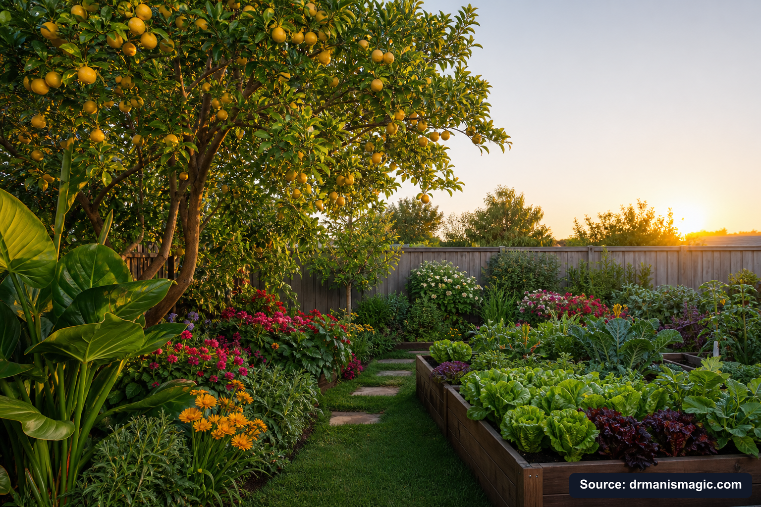 Healthy, well-fed garden plants thriving in golden light