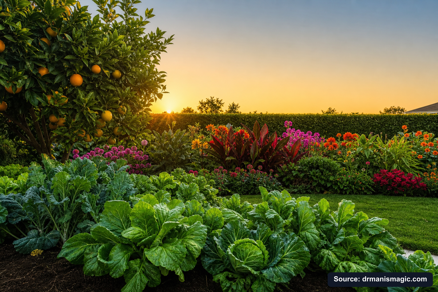 Healthy, well-fed garden plants thriving in golden light