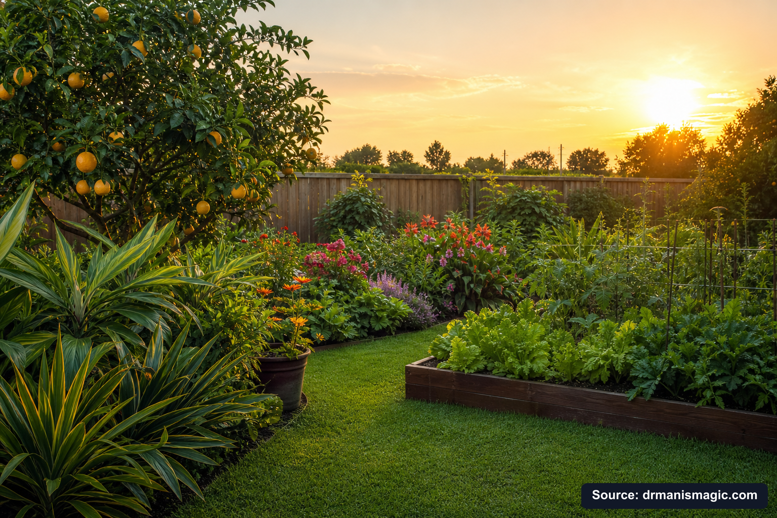 Healthy, well-fed garden plants thriving in golden light