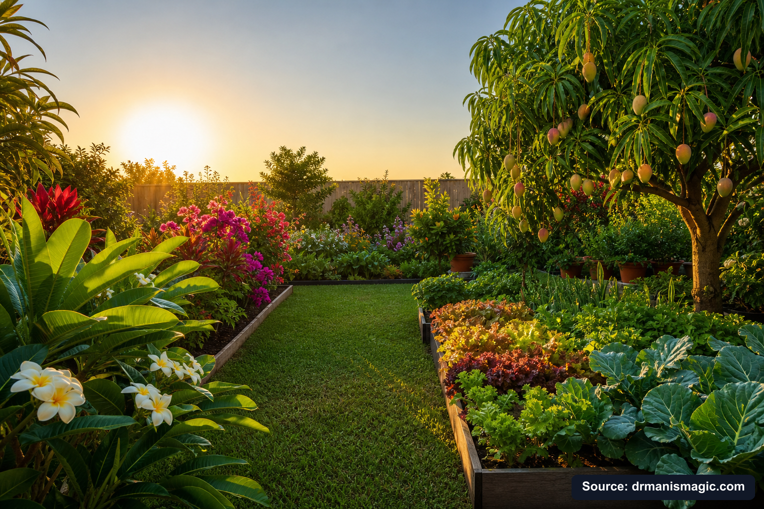 Healthy, well-fed garden plants thriving in golden light