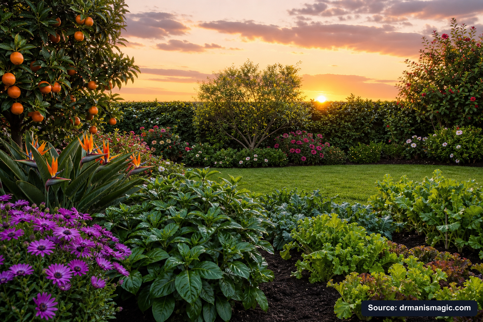 Healthy, well-fed garden plants thriving in golden light