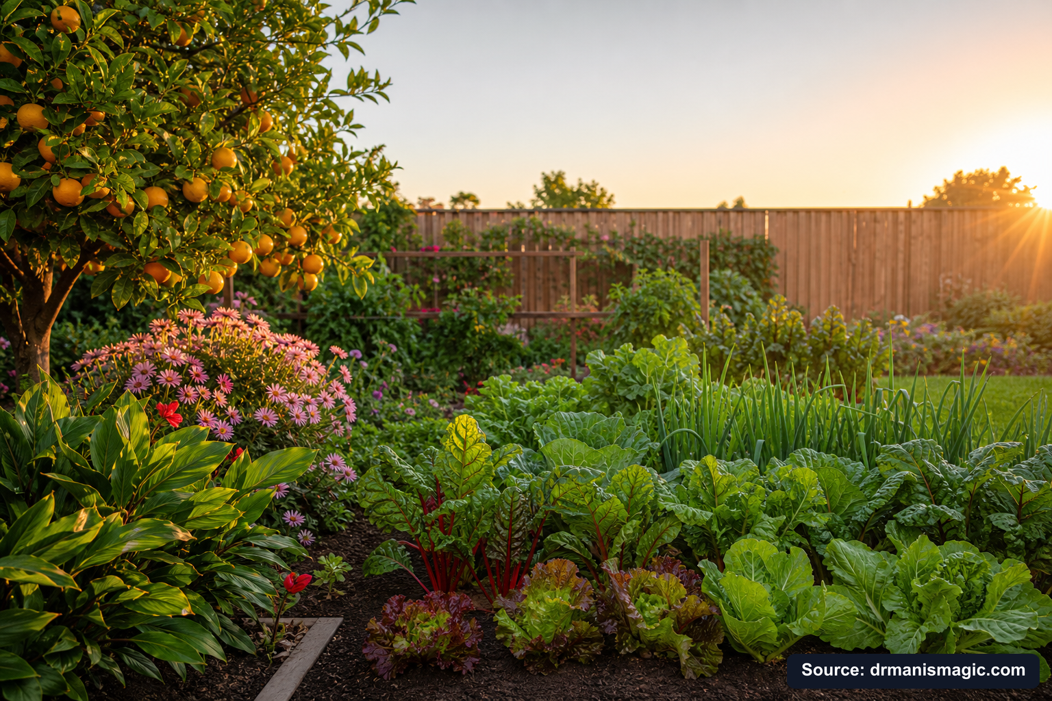 Healthy, well-fed garden plants thriving in golden light