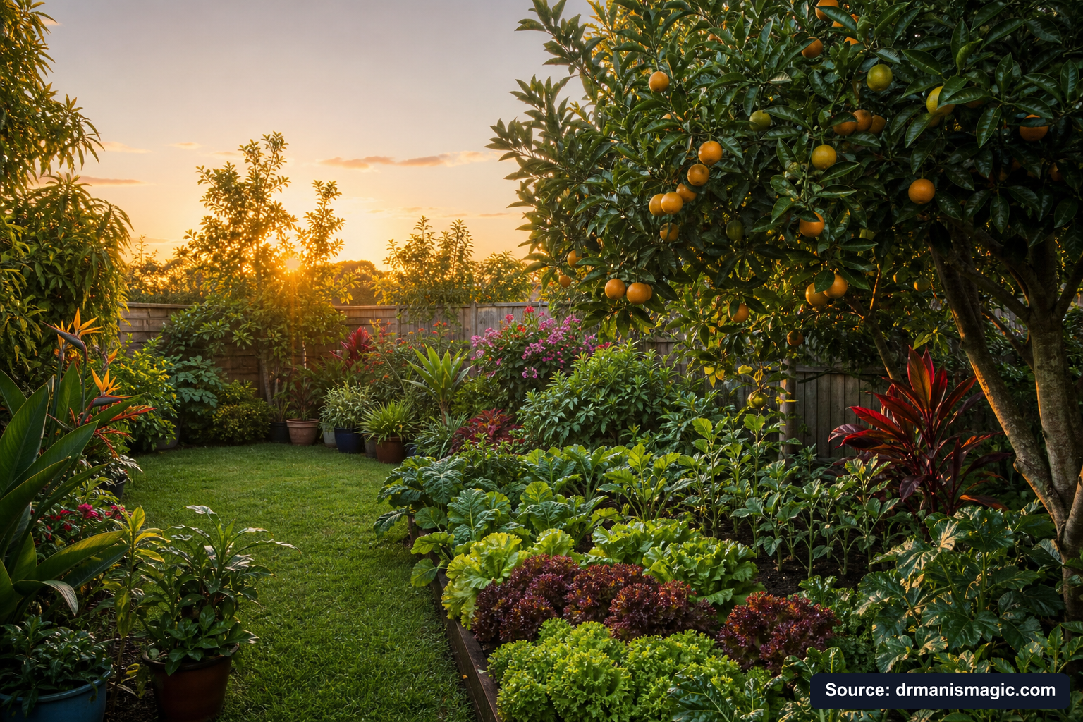 Healthy, well-fed garden plants thriving in golden light