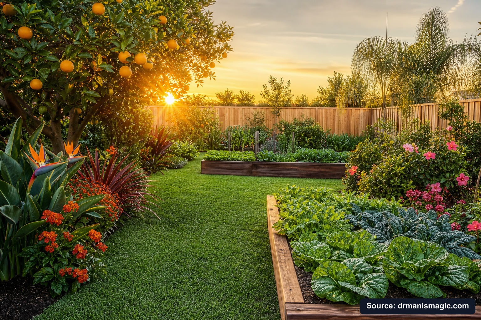 Healthy, well-fed garden plants thriving in golden light