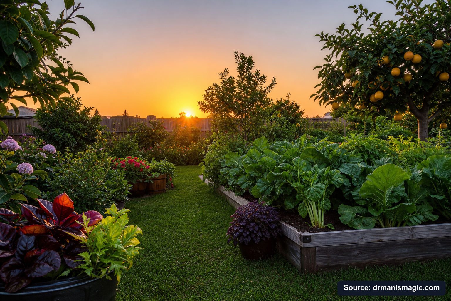 Healthy, well-fed garden plants thriving in golden light