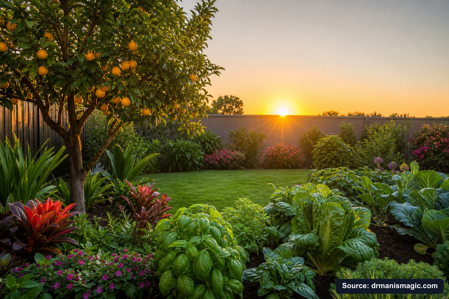Healthy, well-fed garden plants thriving in golden light