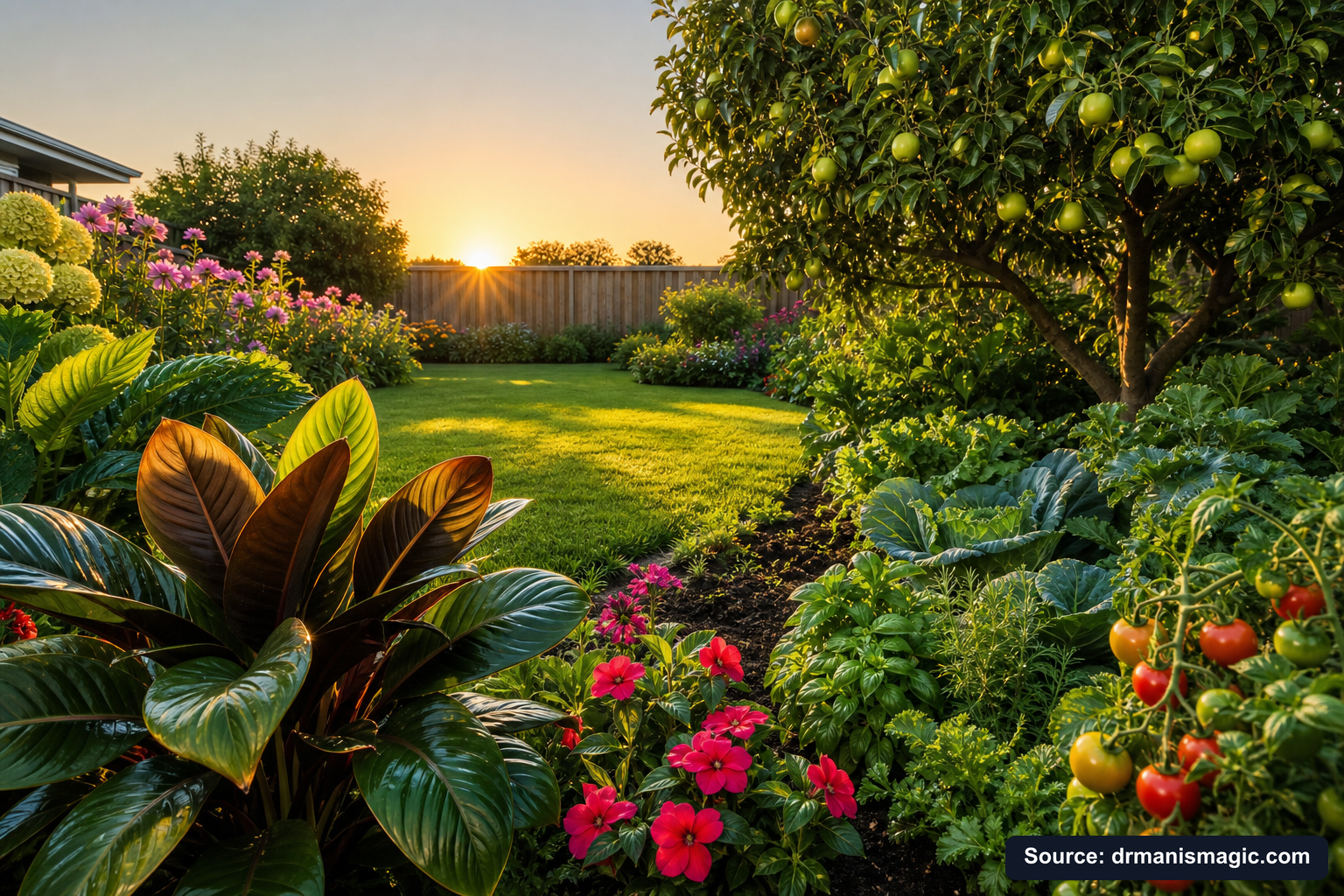 Healthy, well-fed garden plants thriving in golden light