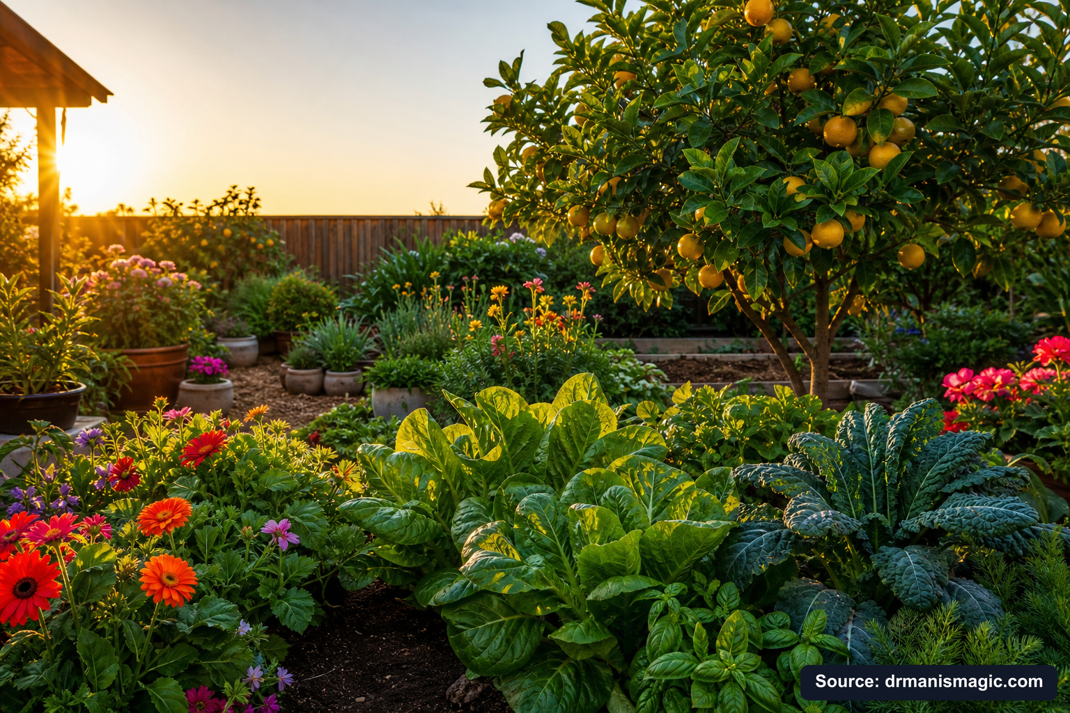 Healthy, well-fed garden plants thriving in golden light