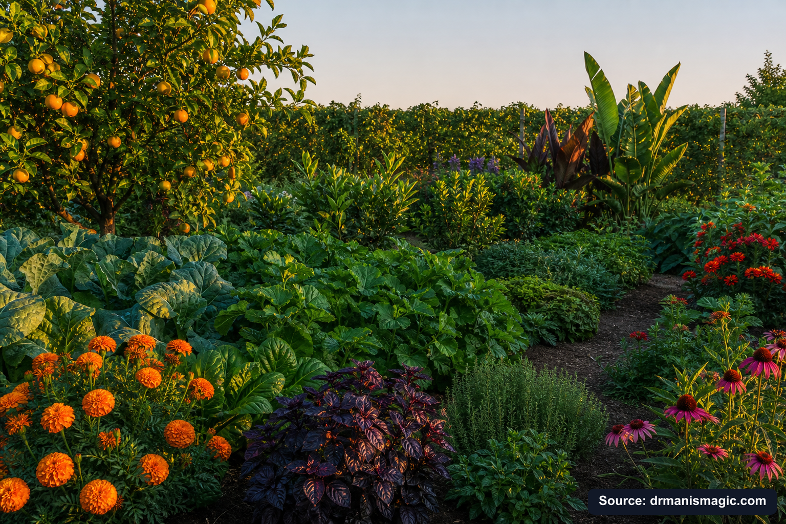 Healthy, well-fed garden plants thriving in golden light
