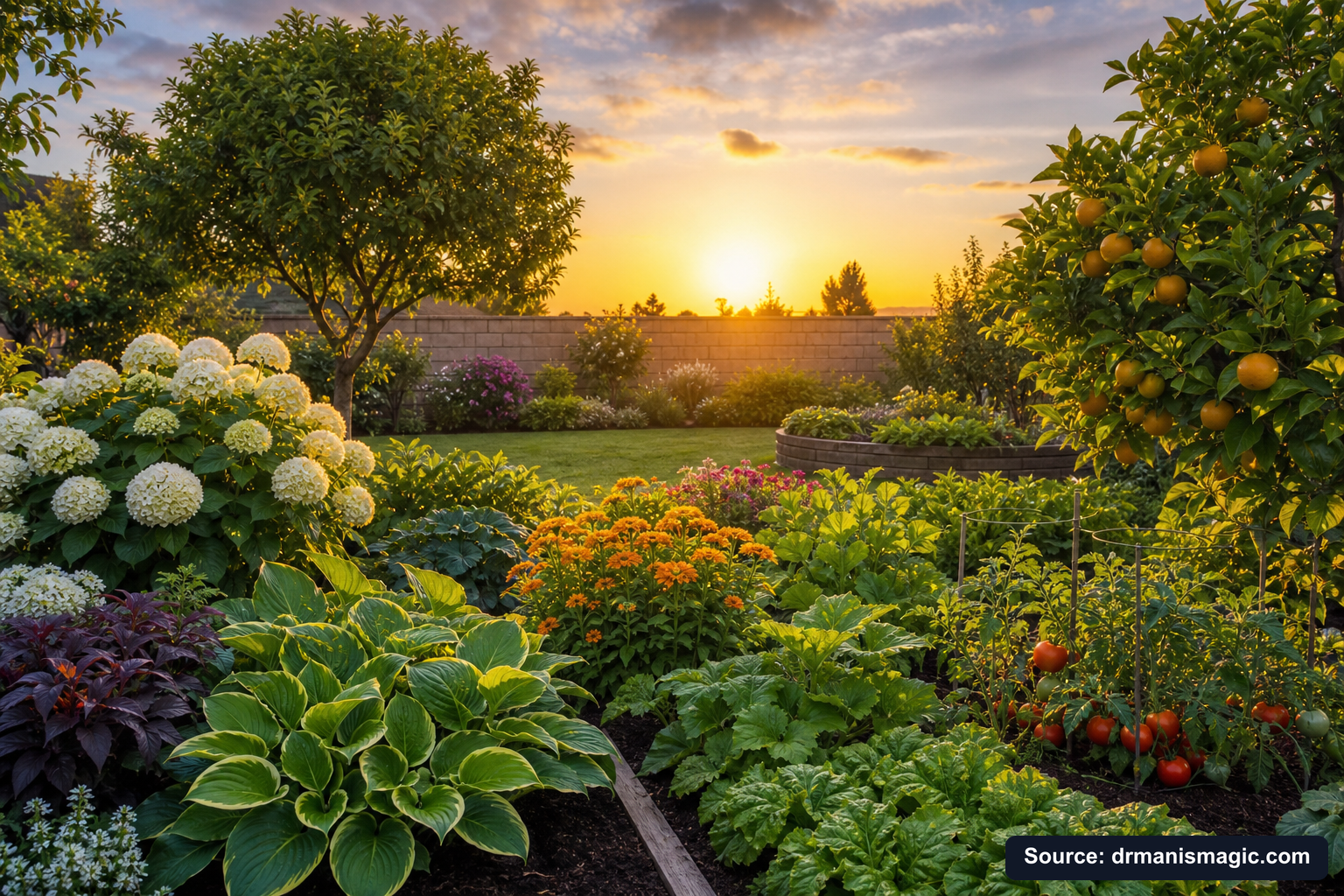 Healthy, well-fed garden plants thriving in golden light