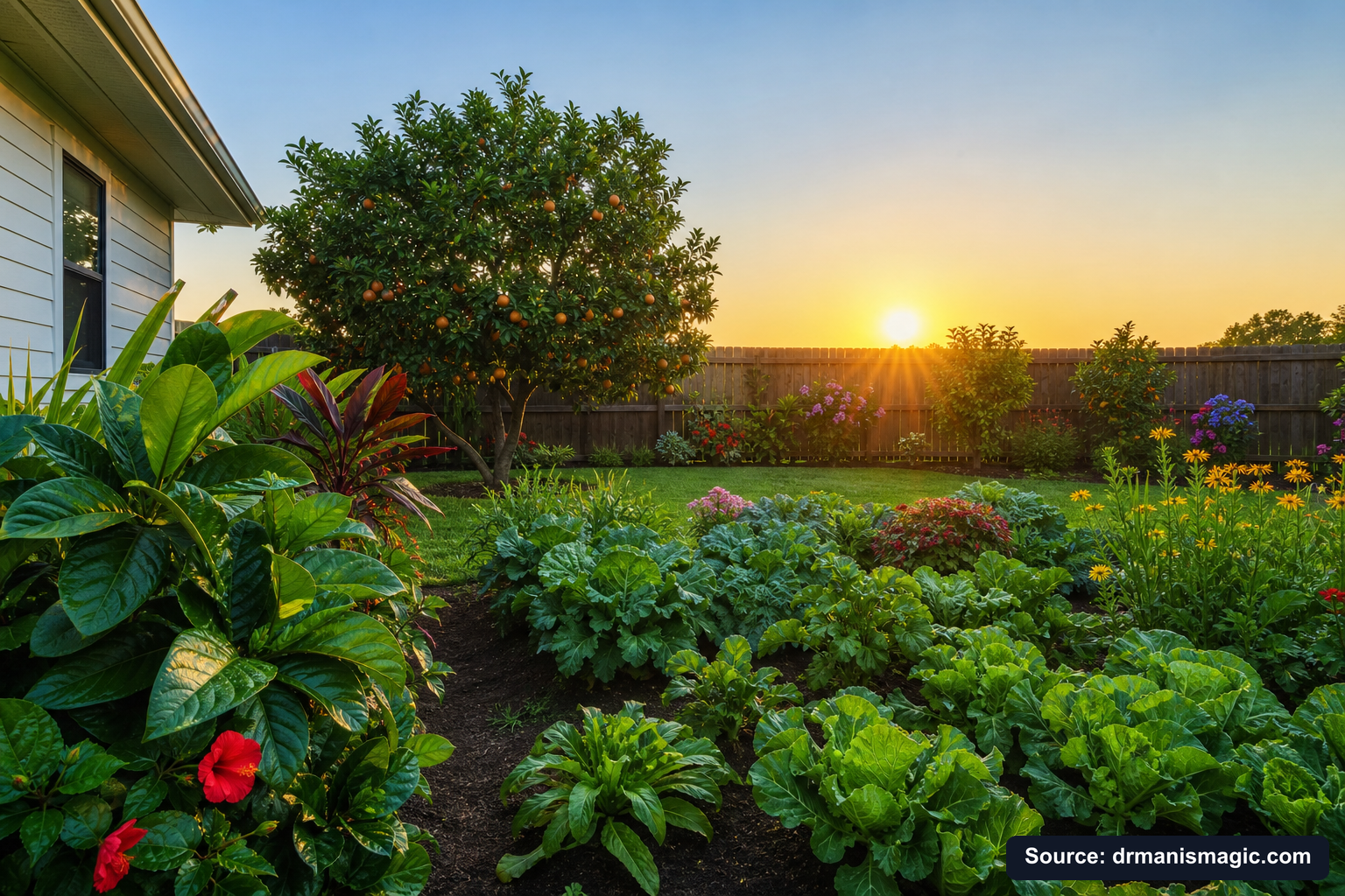Healthy, well-fed garden plants thriving in golden light