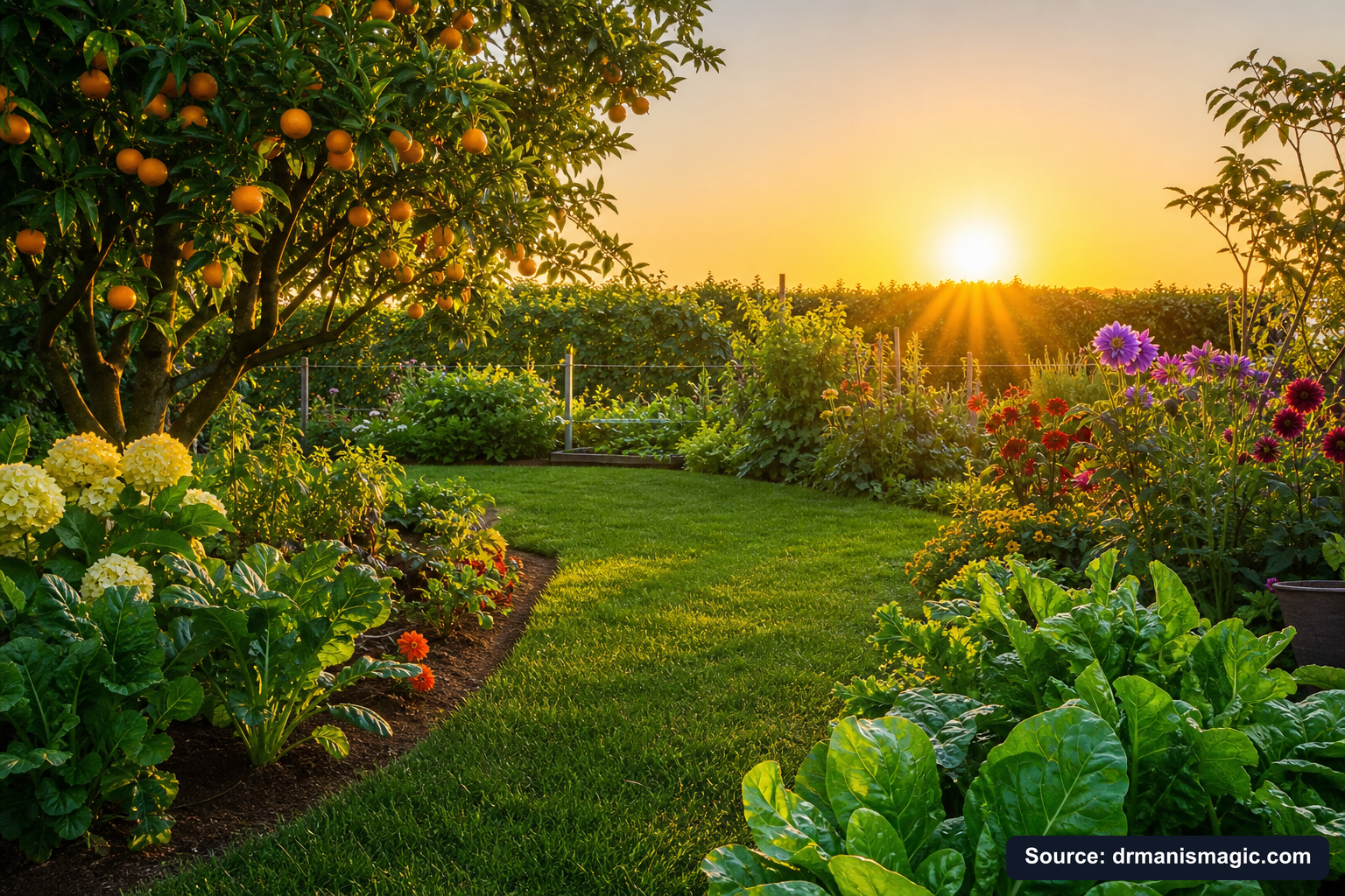 Healthy, well-fed garden plants thriving in golden light