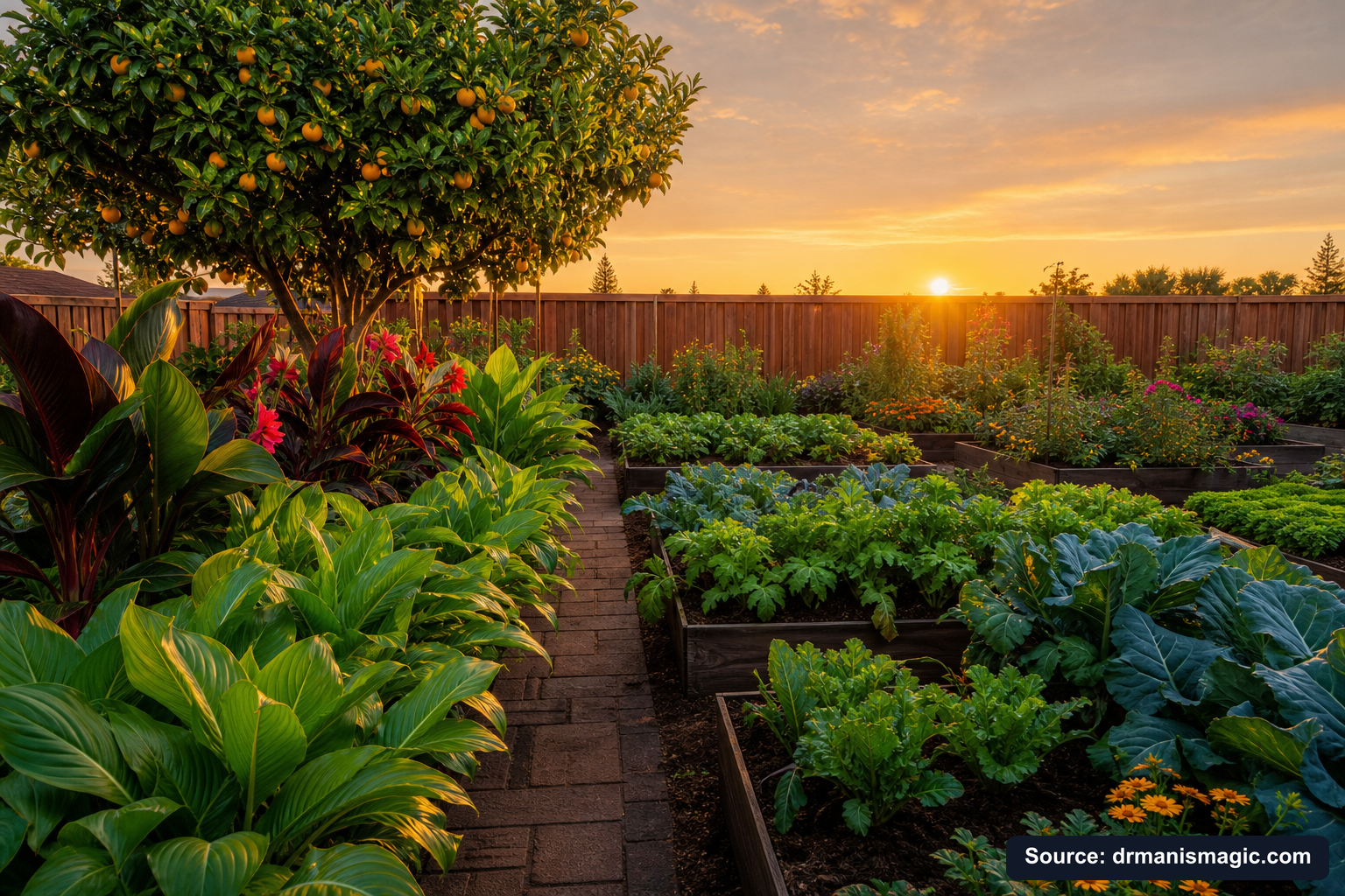 Healthy, well-fed garden plants thriving in golden light