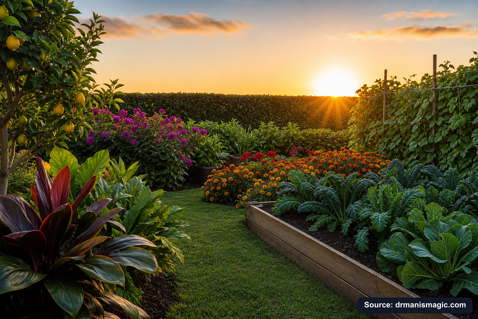 Healthy, well-fed garden plants thriving in golden light