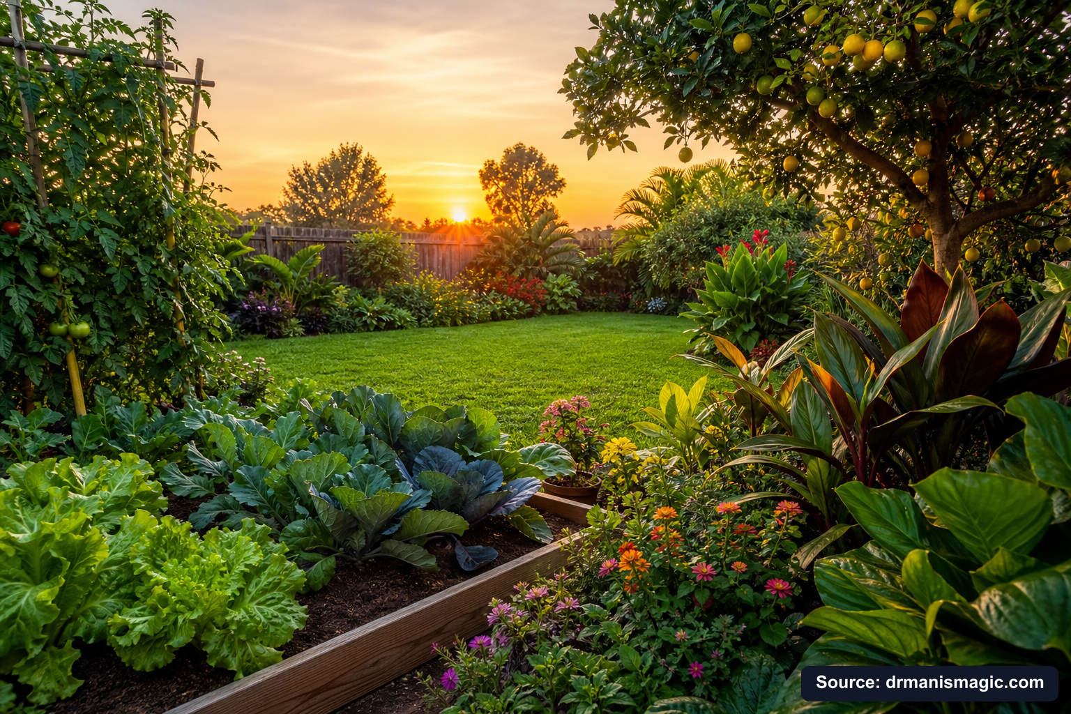 Healthy, well-fed garden plants thriving in golden light