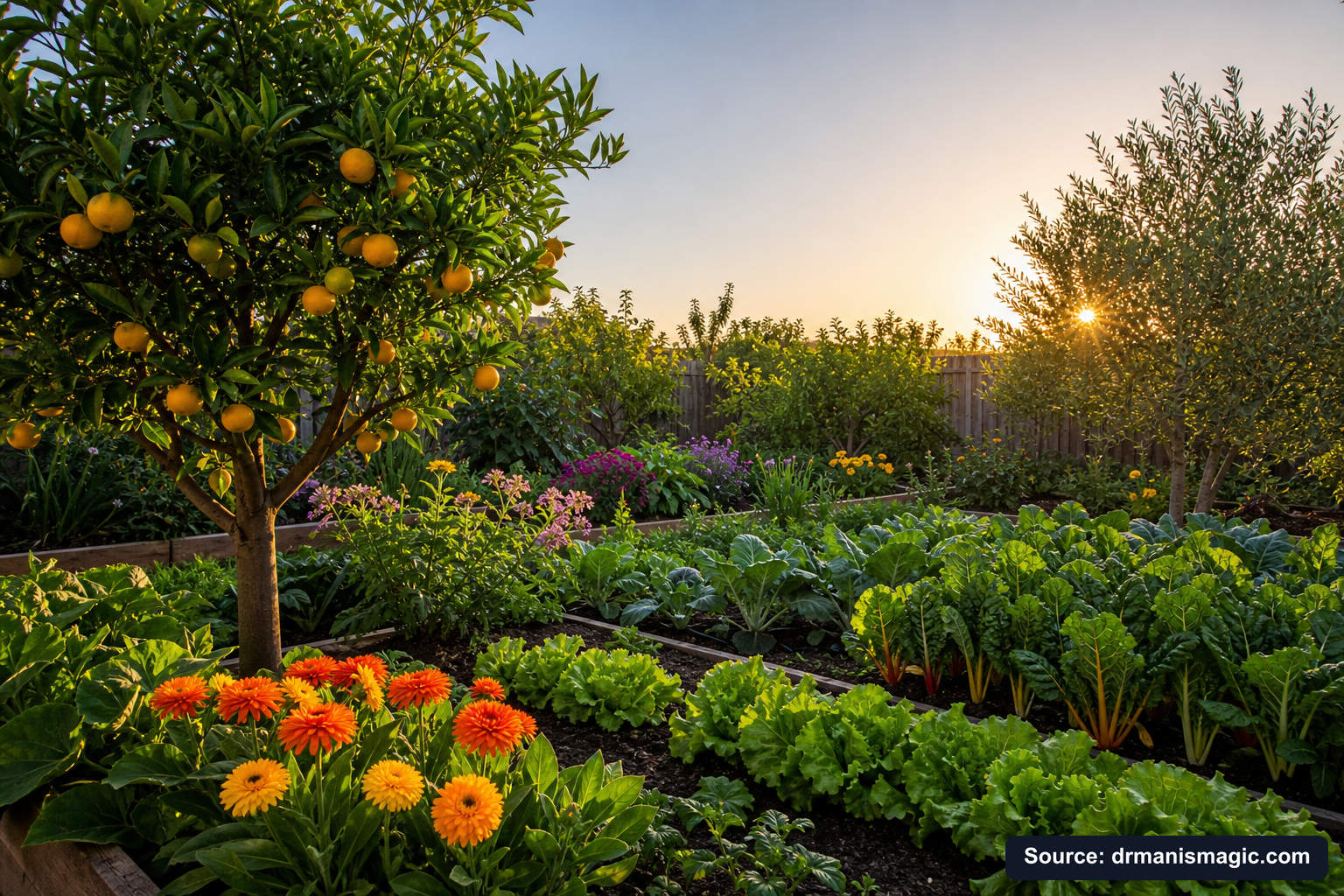 Healthy, well-fed garden plants thriving in golden light
